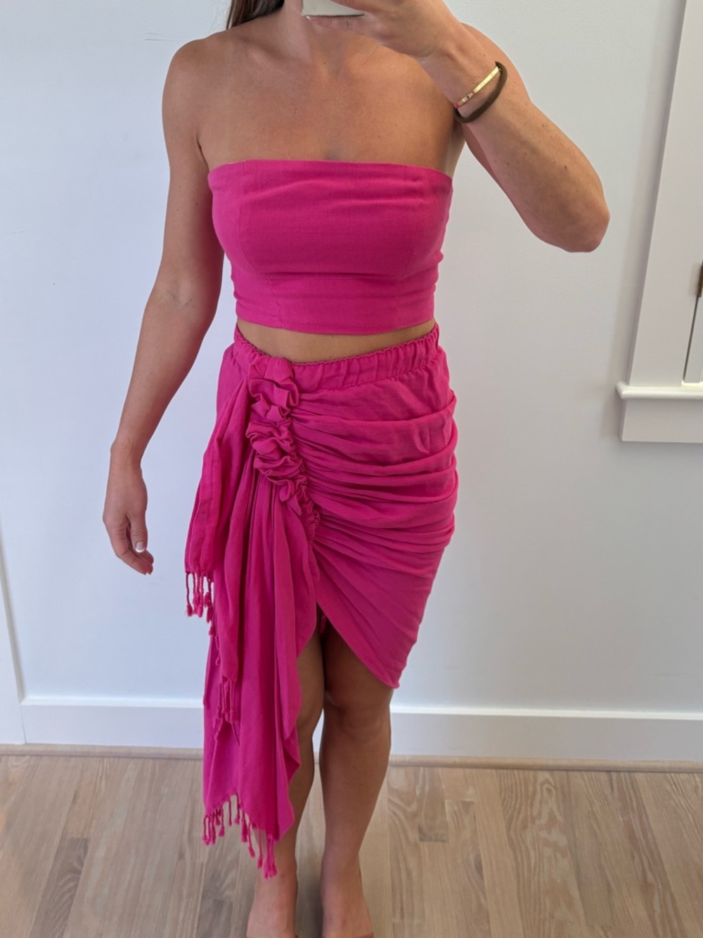 Asymmetrical Hot Pink Ruched Wrap Skirt & Top